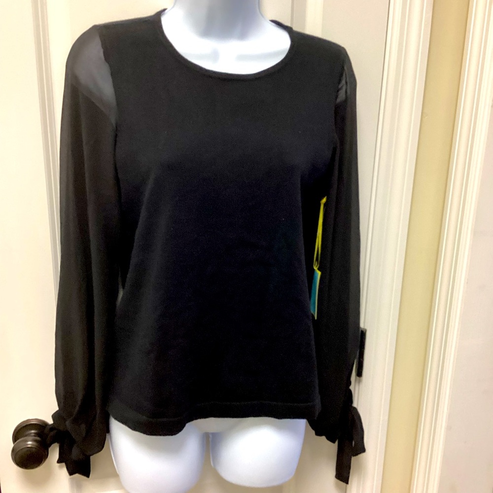 Cece SZXS black ladies top, sheer black sleeves with ties at cuff, see pics